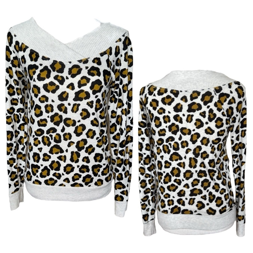Ivory Leopard Animal Print Long Sleeve Top Contrast Rib Knit Trim Streetwear